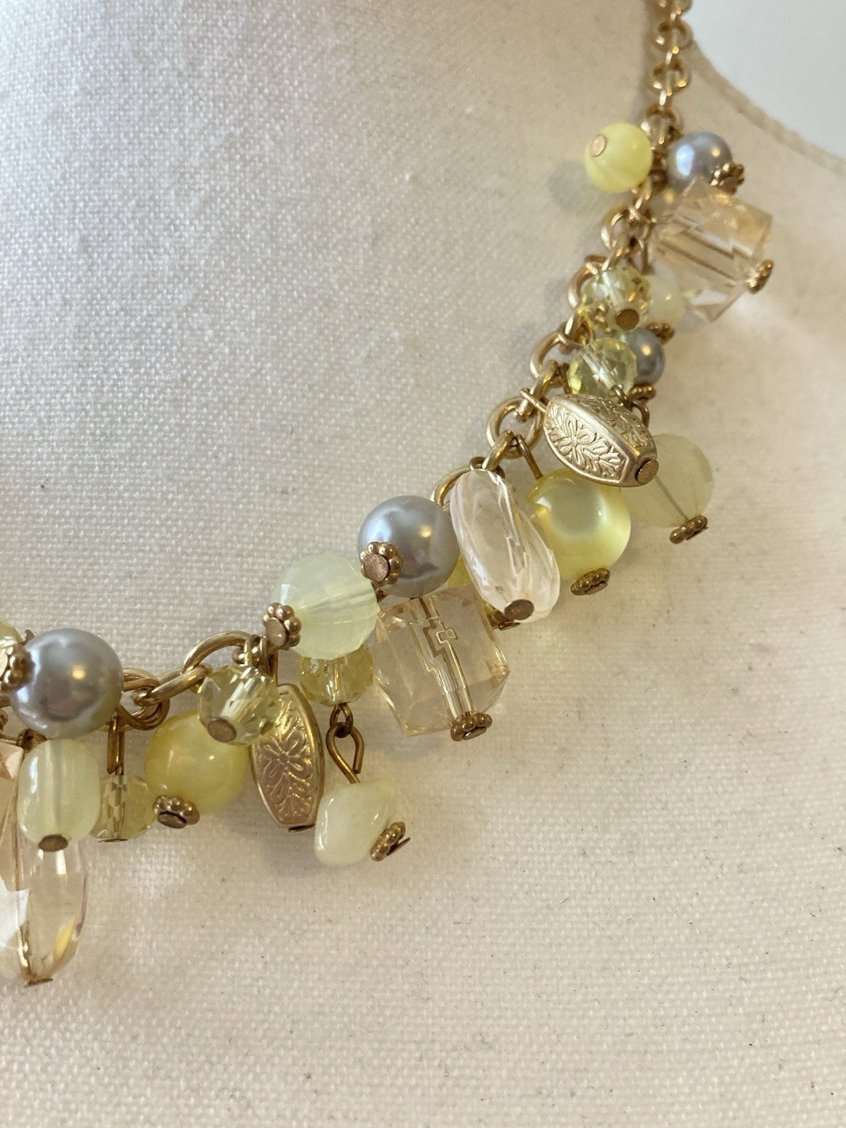 Yellow Cluster Charm Necklace Gold Tone Chain Chunky Beaded Statement Evening