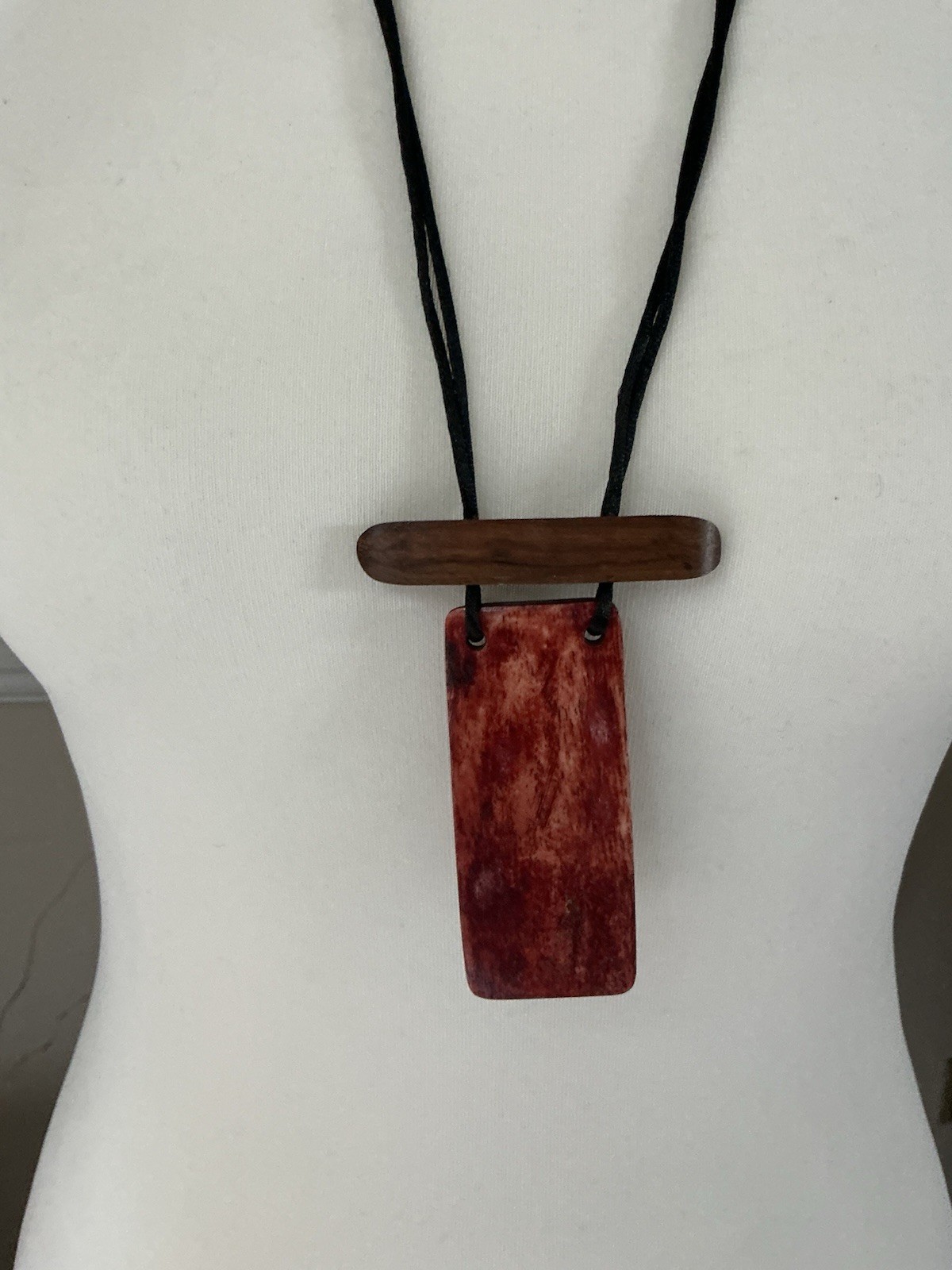 Statement Boho Arty Lagenlook Long Cord Necklace Wood & Resin pendant