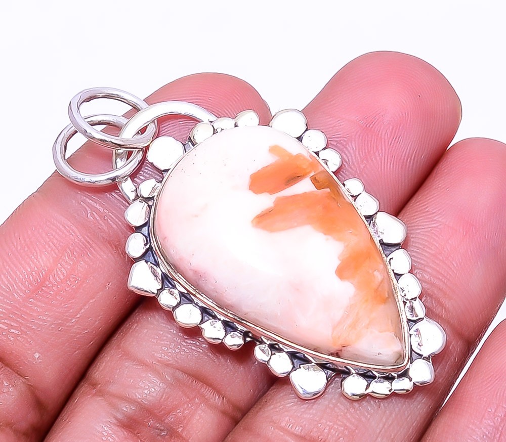 Orange Scolecite – India Designer Handmade 925 Sterling Silver Pendant 1.95″ P40
