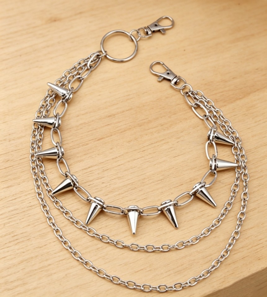 Fashion Silver Plated Alloy Conical Thorn Chain Link Punk Layered Jeans Chain