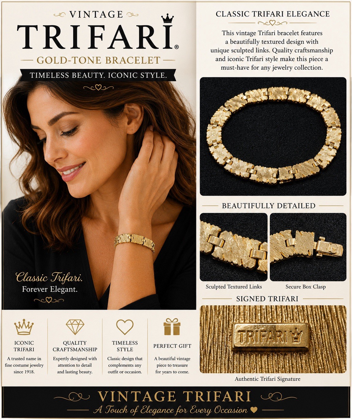 Vintage Trifari Gold Tone Geometric Link Bracelet Signed Mid-Century Modern