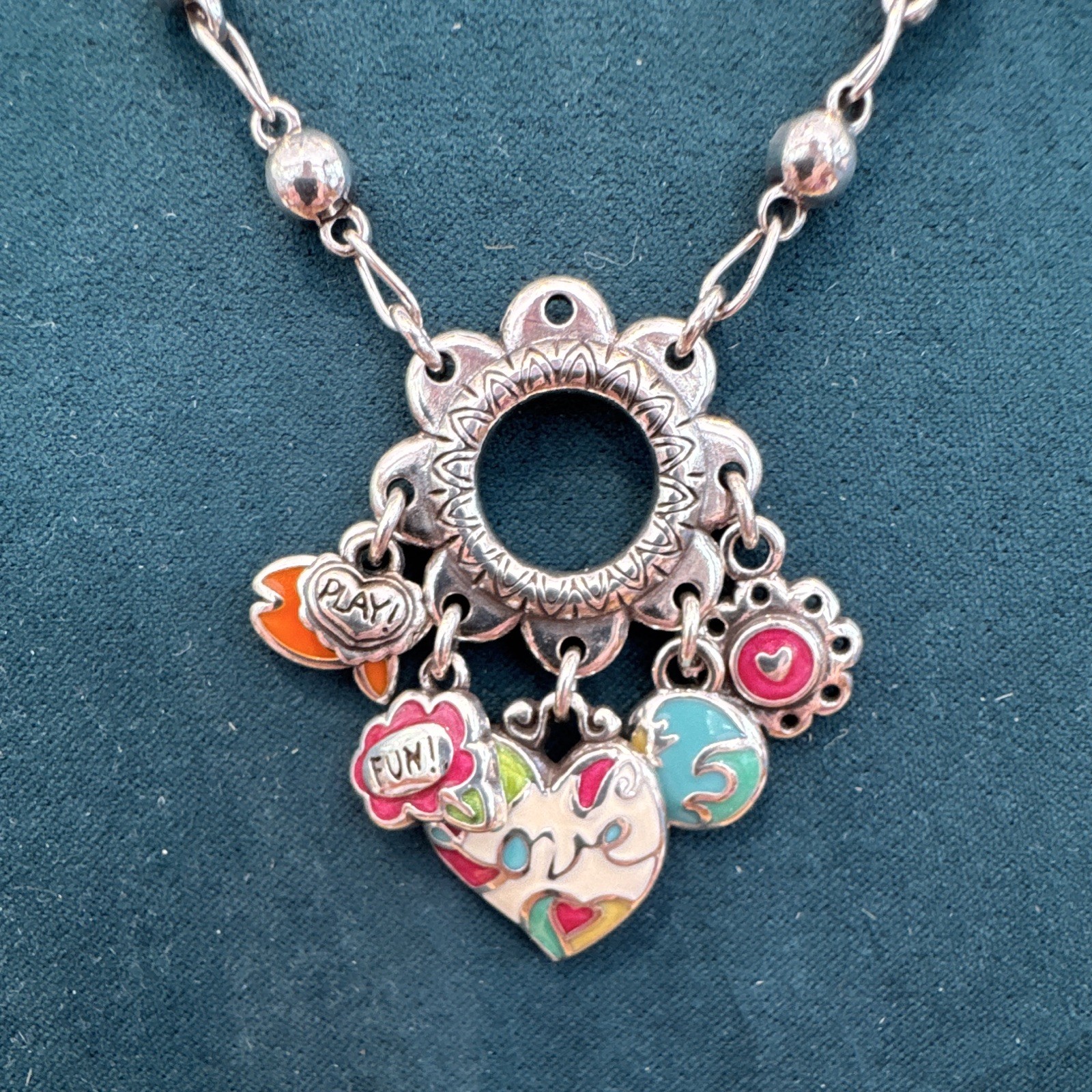 Retired Brighton Sea Frolic Charm Holder Necklace Silver Enamel With Box & Tin