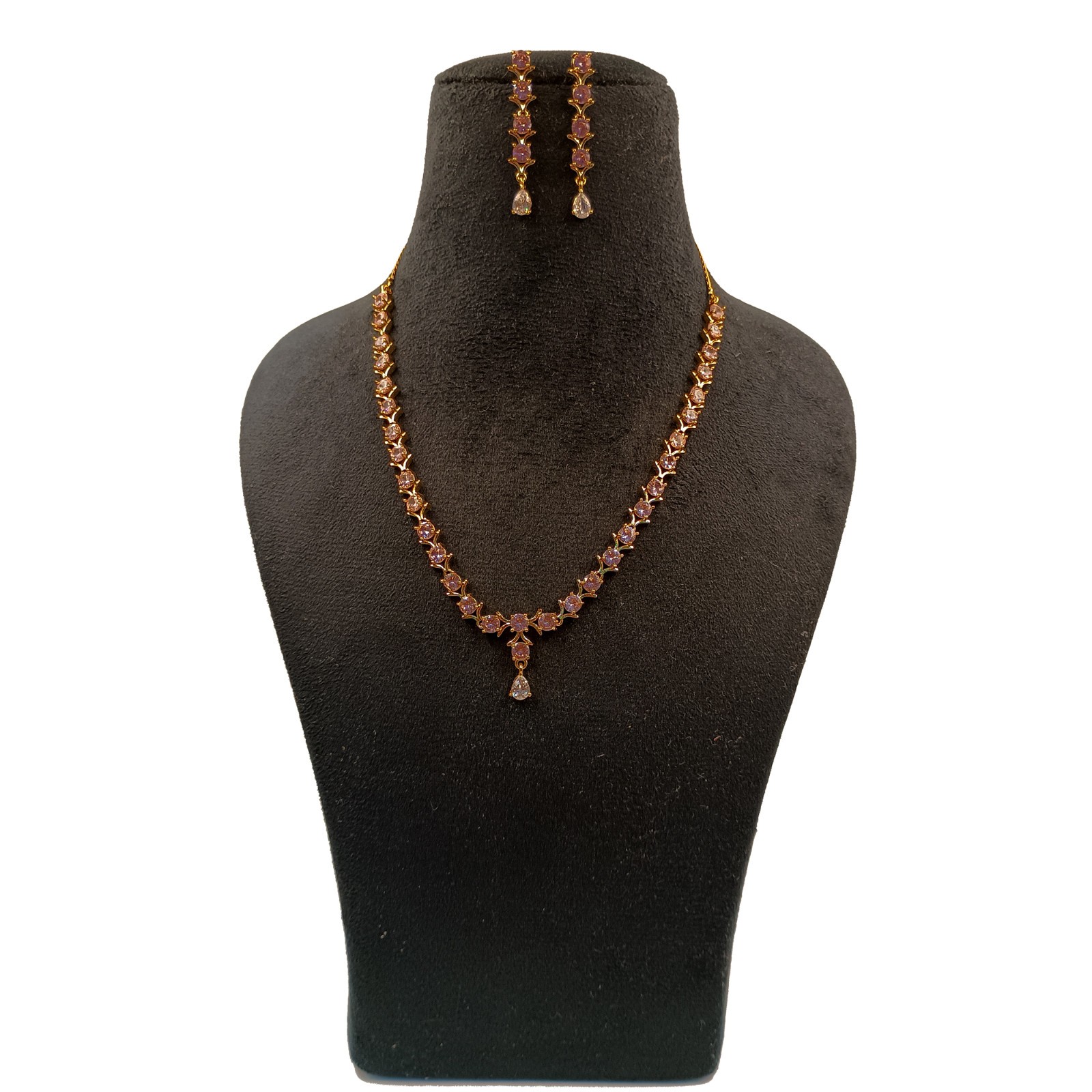 22K Gold Plated Pink Morganite Choker Set Handmade Round Crystal Party Necklace