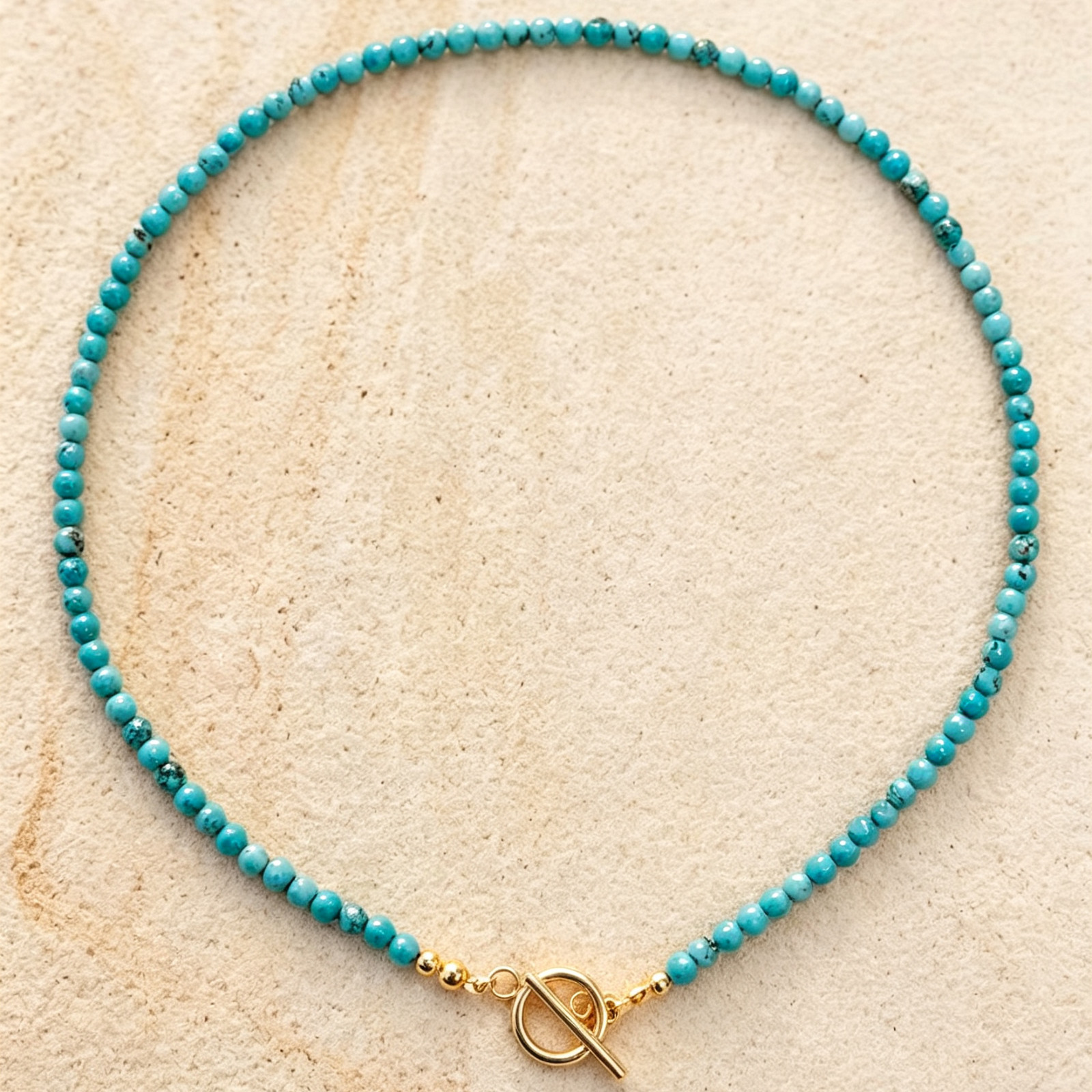 Natural Turquoise 4mm round beaded Necklace Toggle Clasp Boho Choker for women