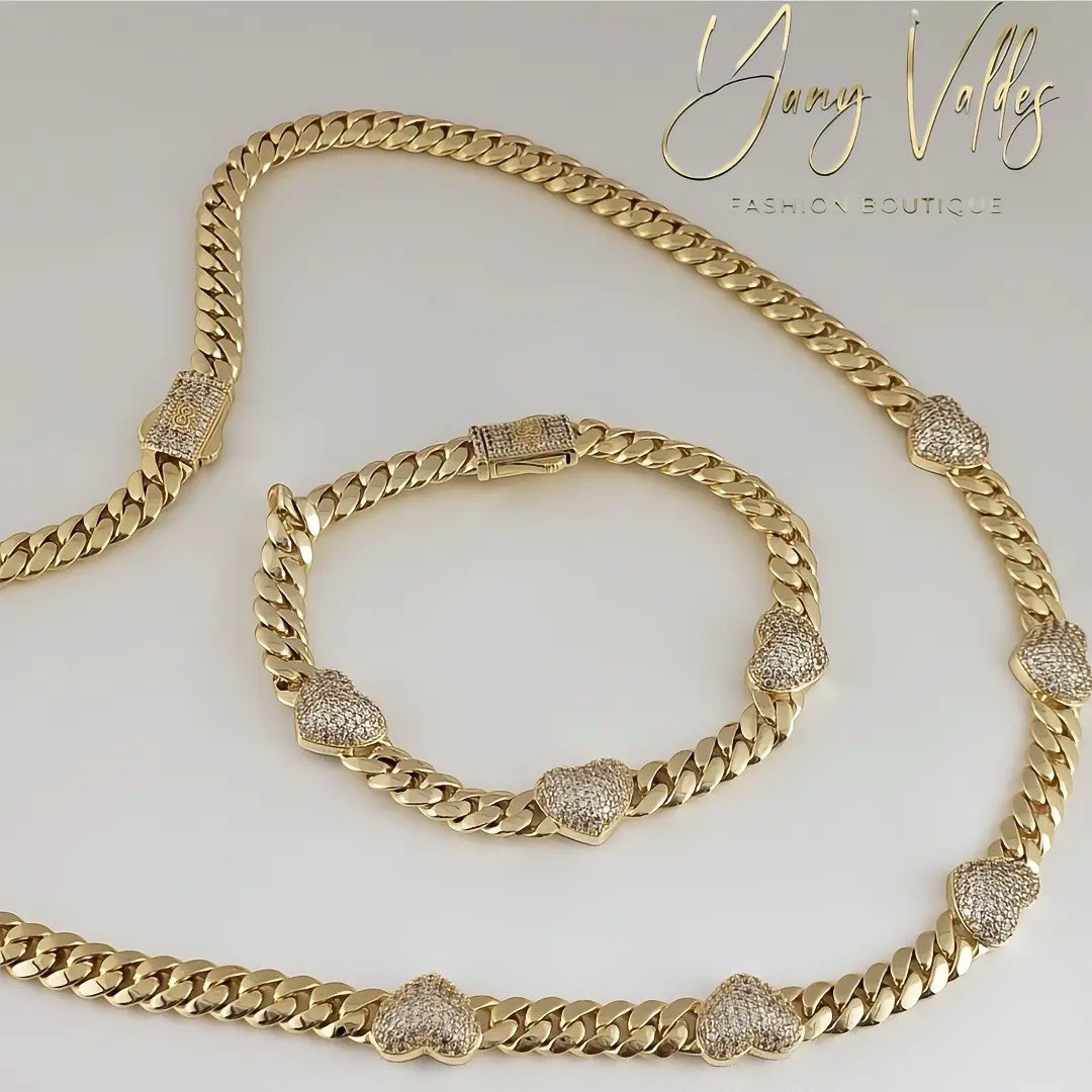 14K Gold Plated Cz Heart Cuban Choker Chain Necklace And Bracelet Set