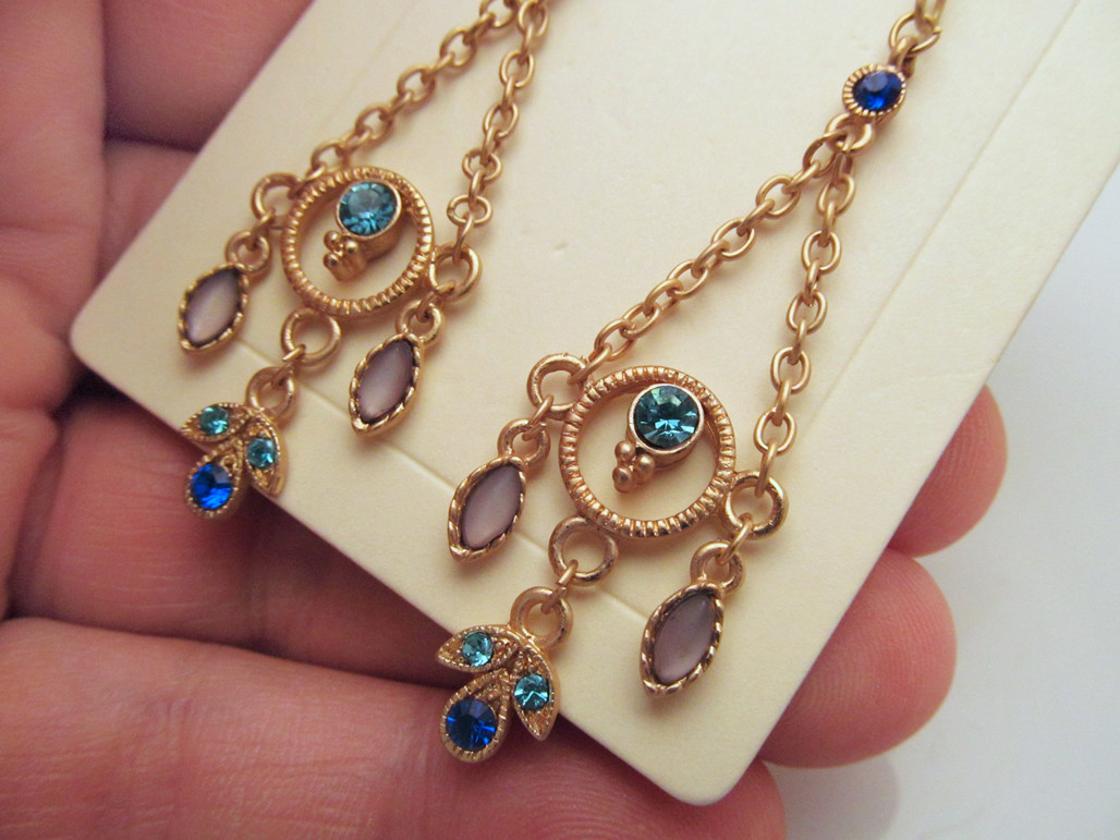 *NEW Gold Tone Chandelier Drop Pierced Earrings Blue Crystals by Antika