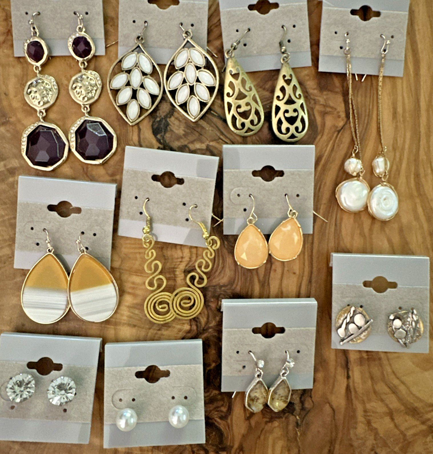 Boho Fashion Earring Lot • 11 Pairs • Brown White Gold Silver Tone • Dangle Stud