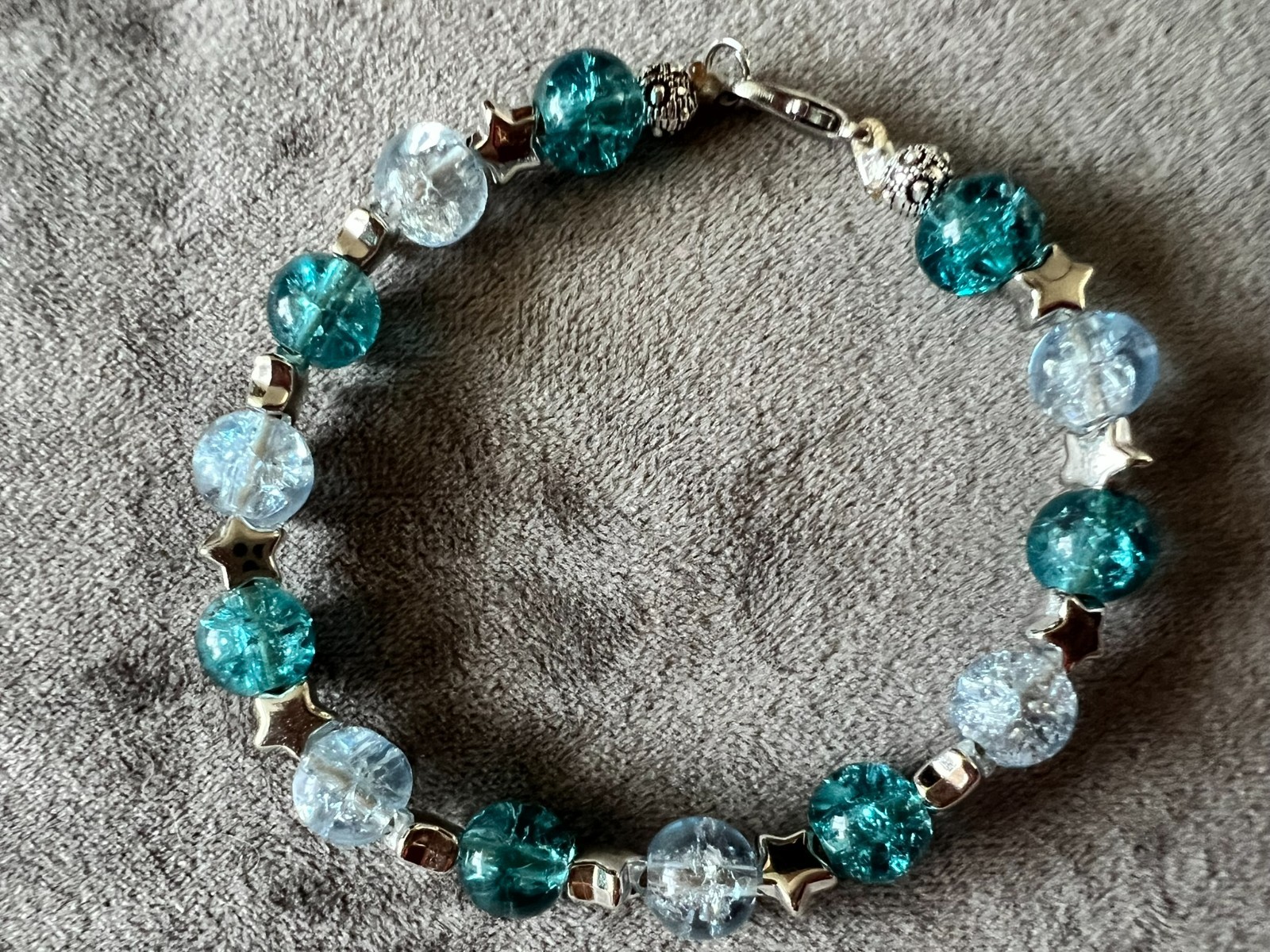 handmade unelastic unique aqua glass beads & silver stars accents bracelet