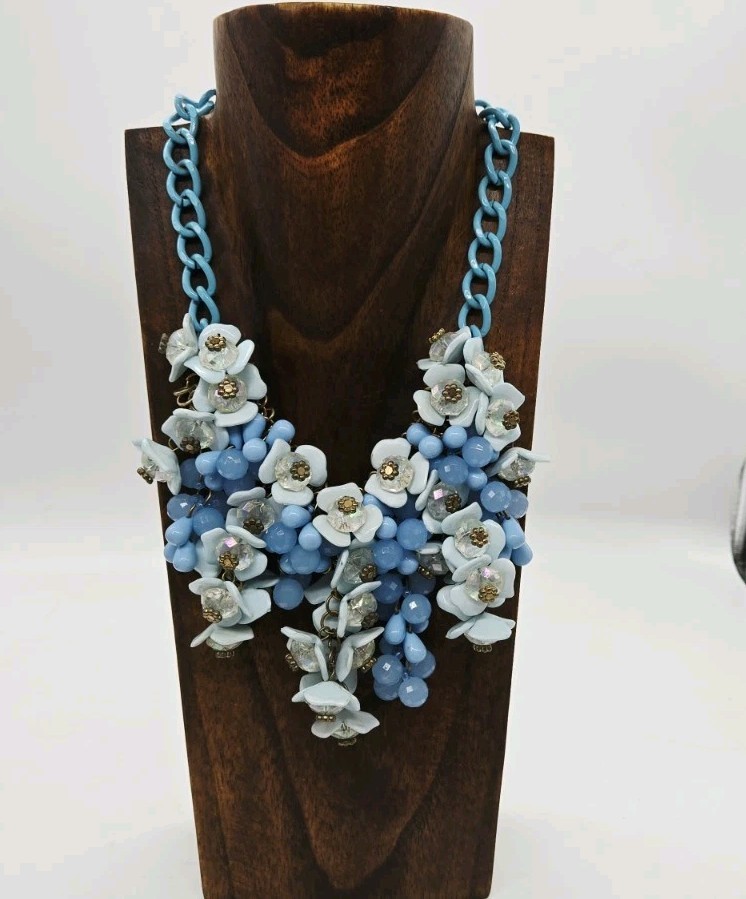 Blue 3D Floral Statement Bib Necklace Gold Tone Chain Chunky Flower 19 in
