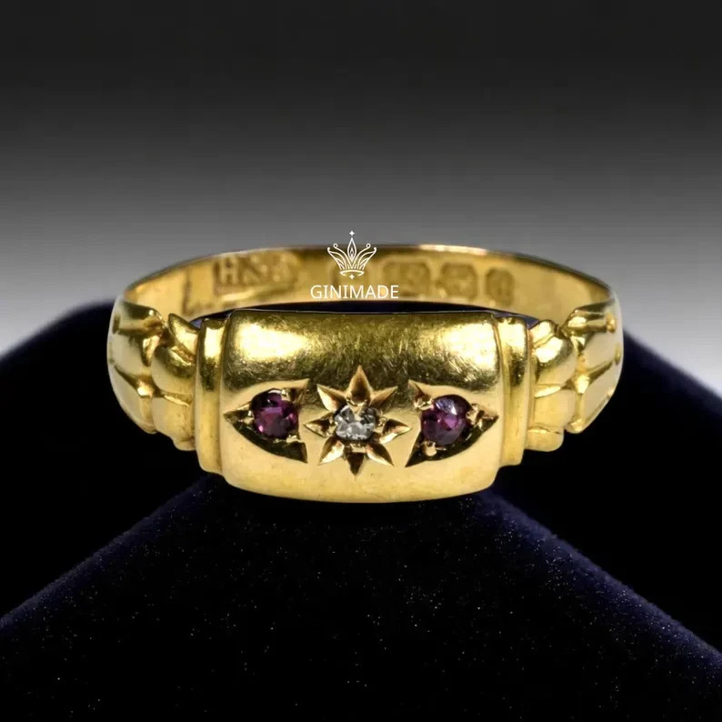 Victorian Starburst Pinky Ring CZ Diamond Ruby Gold Tone