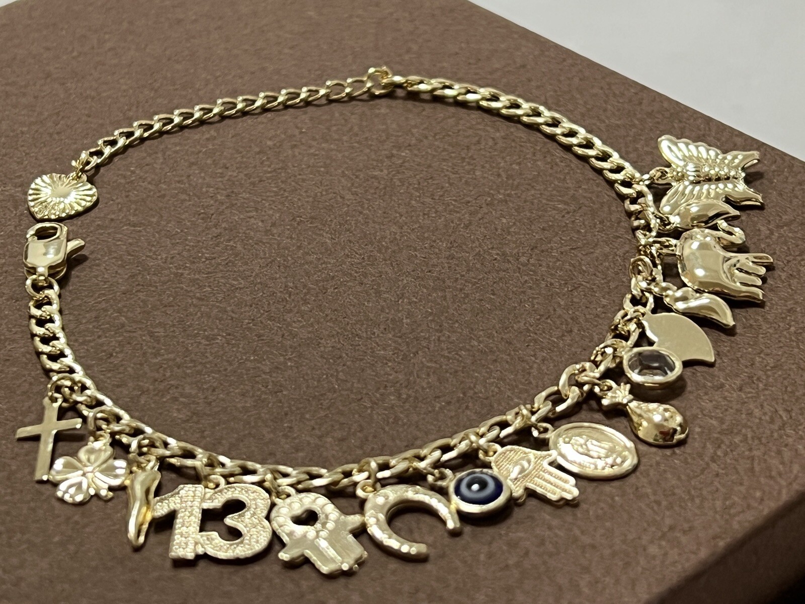 Lucky Charm Bracelet 7” Adjustable, Gold Filled Italian Horn,Butterfly,Elephant