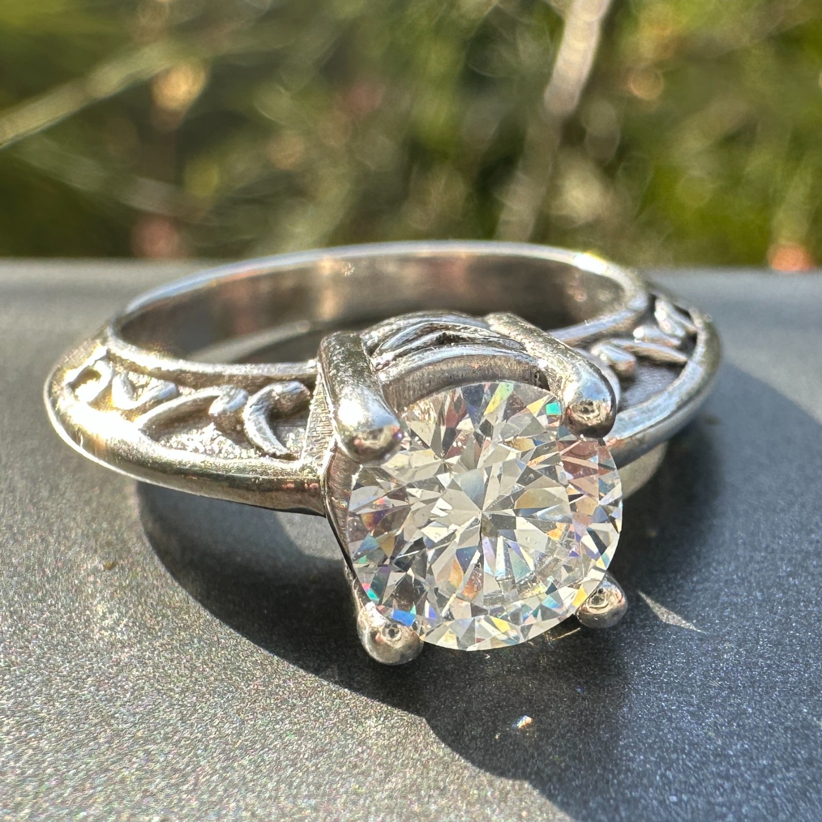 Unmarked Sterling Silver Engagement-Style Ring SZ 5.75 w Side Details & 6.5mm CZ