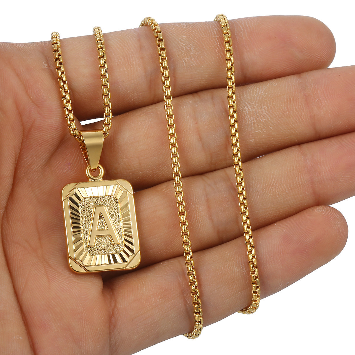 Yellow Gold Plated Stainless Steel Initial Letter A-Z Pendant Necklace Box Chain