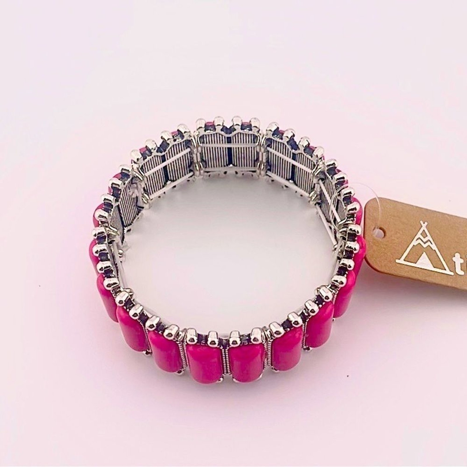 Pink Elastic Stretch Bracelet Silver Accented