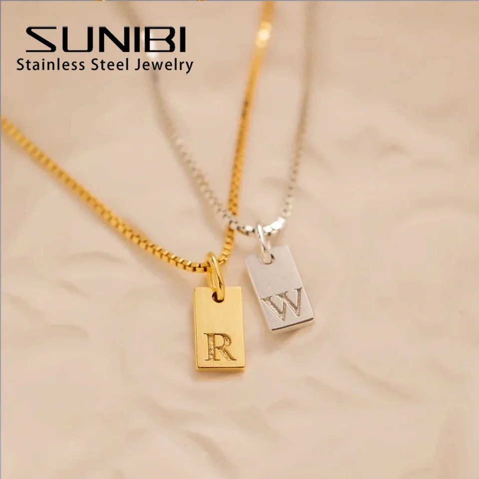 Stainless Steel Necklace A-Z Initial Engraved Pendant Box Chain 42+5cm Jewelry