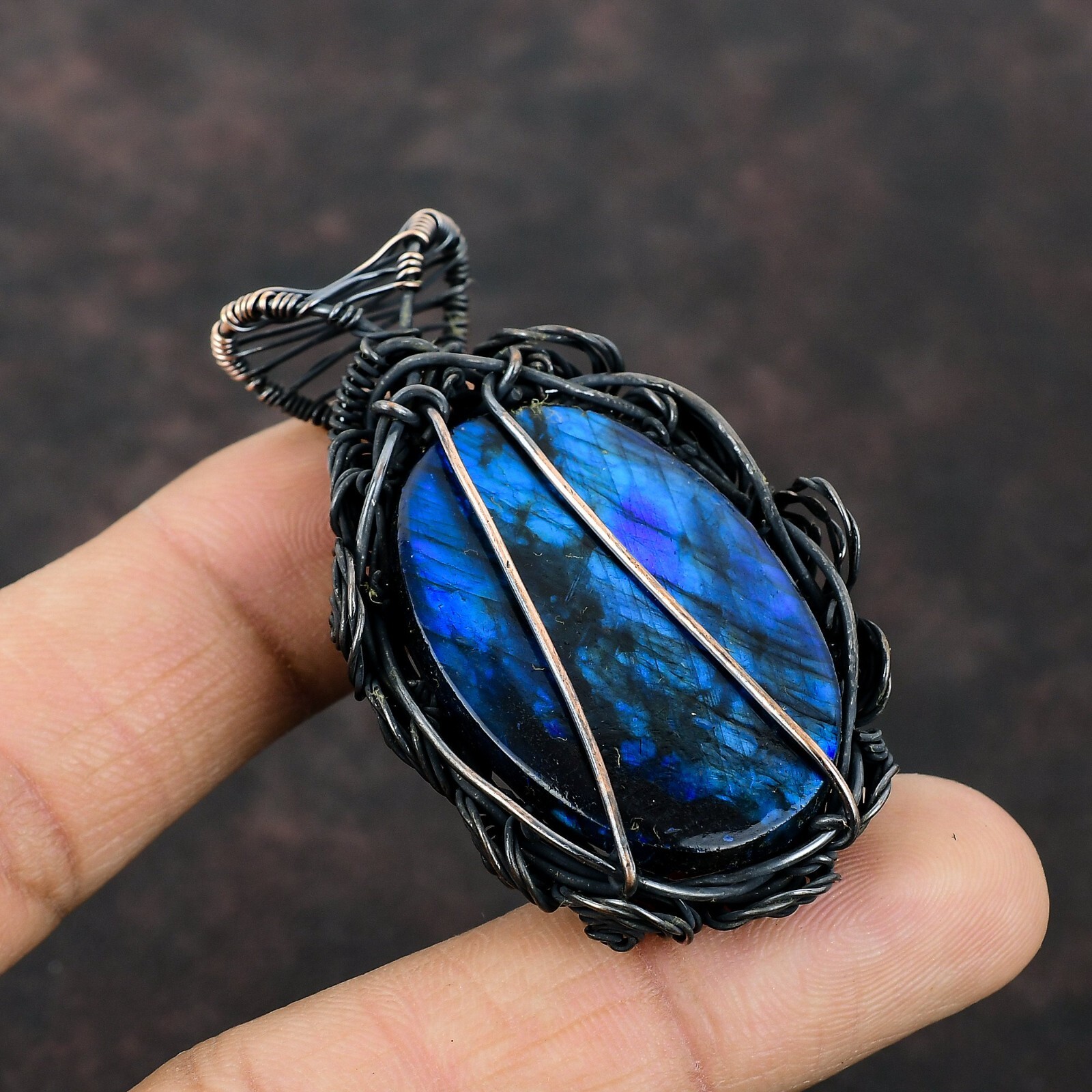 Blue Fire Labradorite Copper Gift For Mum Wire Wrapped Flower Pendant 2.56″