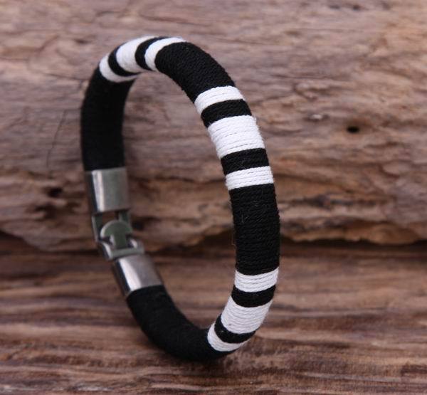G105 Black w/ White Surfer Young Cotton Wraps Leather Bangle Bracelet Cuff Men’s