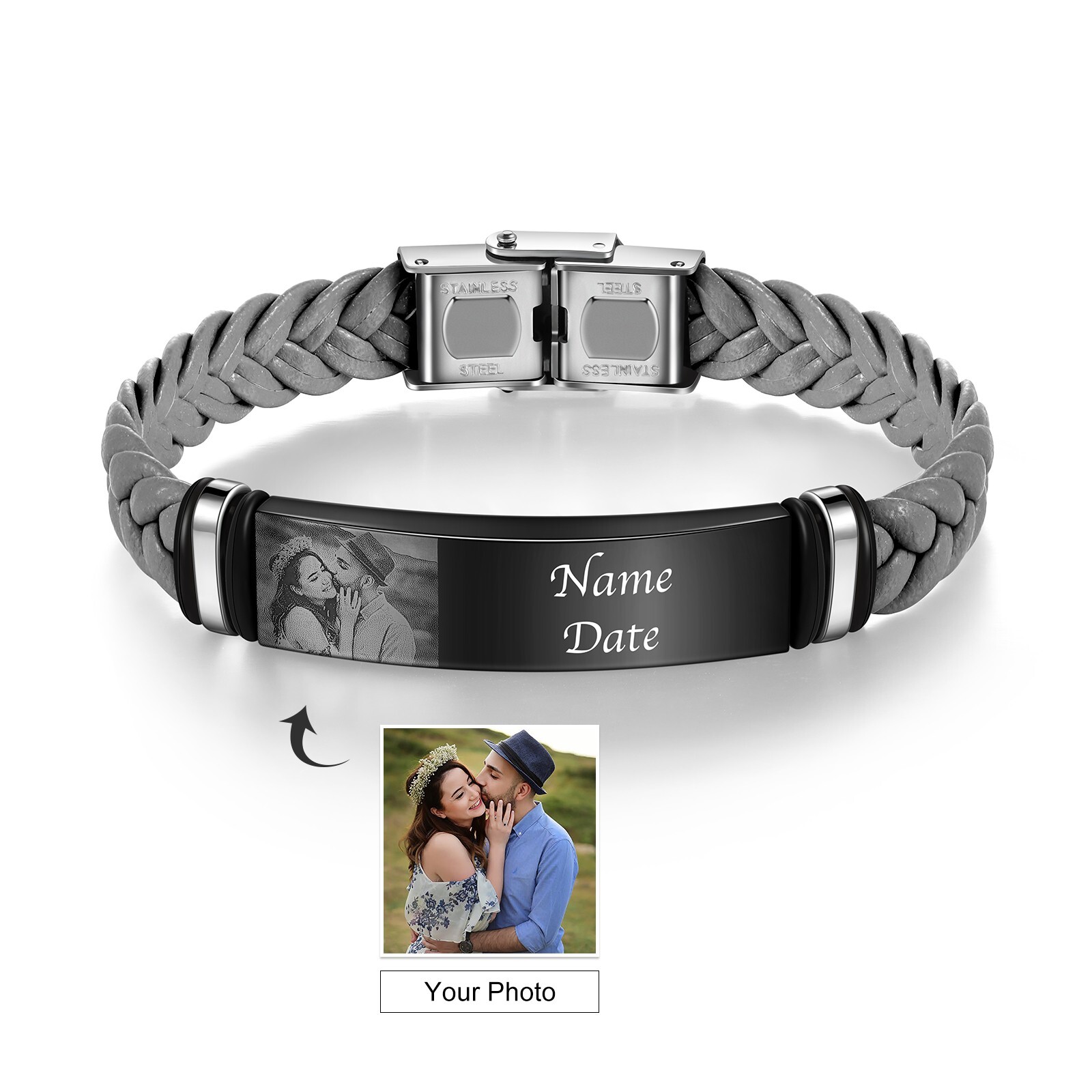 Custom Engraved Photo Bracelet – Engrave Name/Date Choice: Black, Brown or Gray
