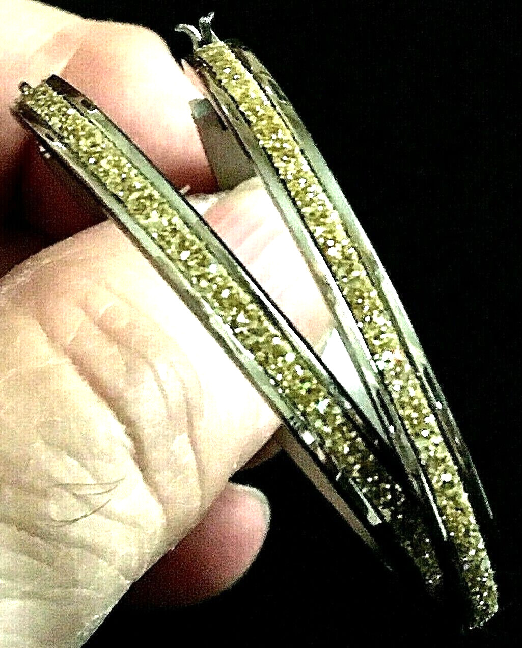 STEEL BY DESIGN PAVE CANARY YELLOW GLITTER SNAP-BAR HOOP EARRINGS-1.25″-NWOT