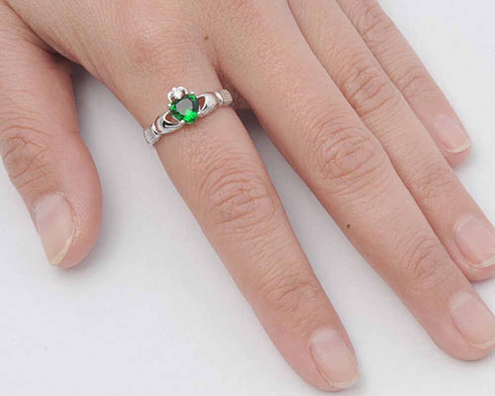 Sterling Silver Woman’s Green CZ Claddagh Ring Irish 925 Band 9mm Sizes 3-13