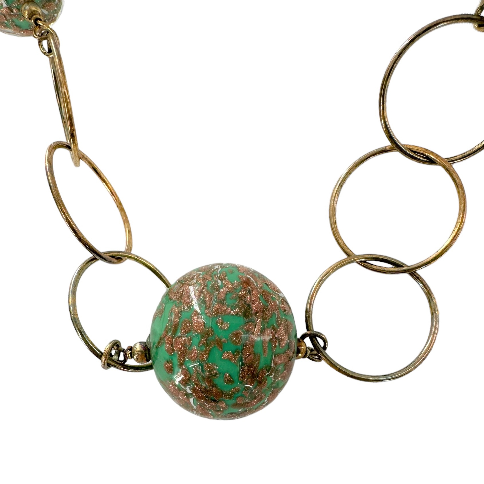 Venetiaurum Venetian Gold Specks Green Murano Glass Bead 24K Plate Link Necklace