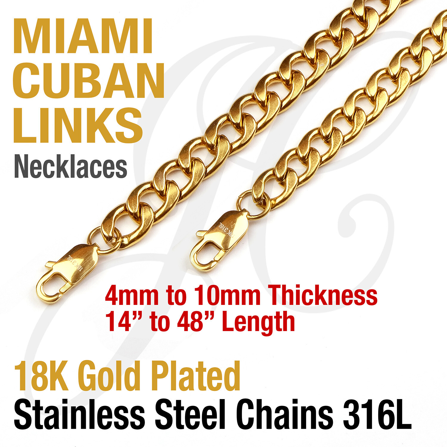 18K Gold Plated Stainless Steel Miami Cuban Curb Link Necklace Chain Men Women
