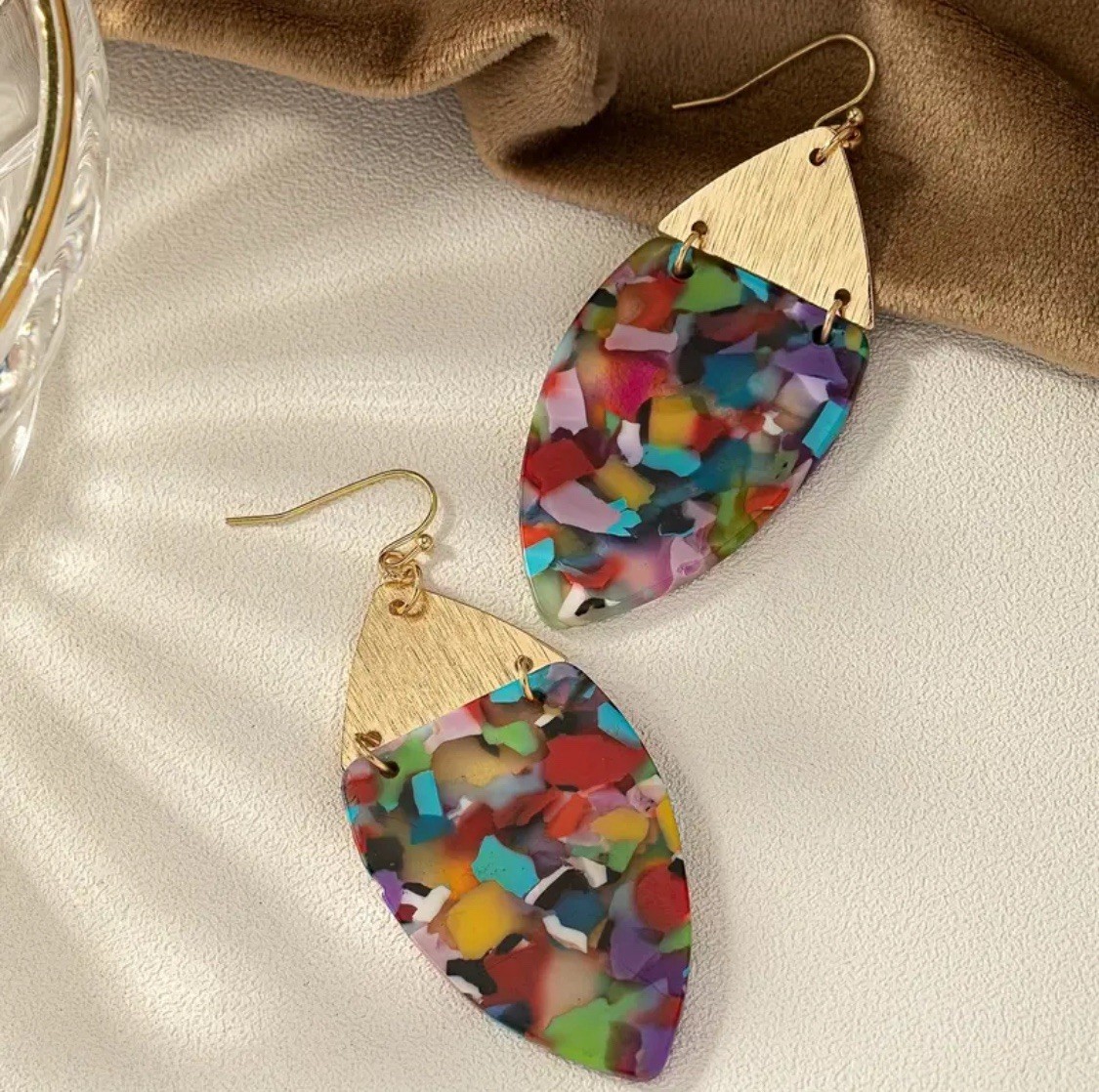 Multicoloured Acrylic & Gold Tone Earrings Geometric Statement Boho Jewellery