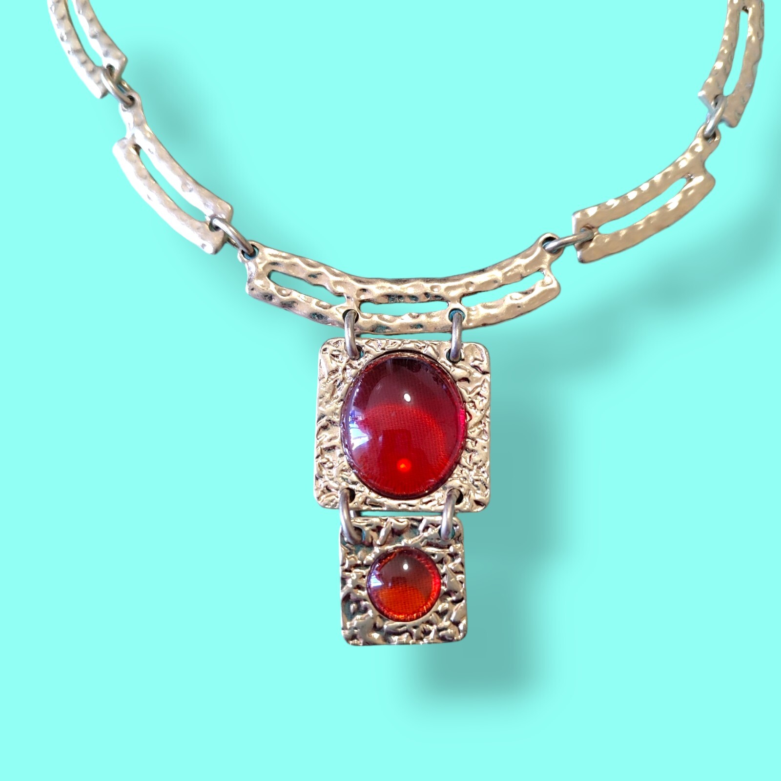 Dana Buchman Ruby Red Acrylic Statement Necklace 19in Panel Bar Link Chain