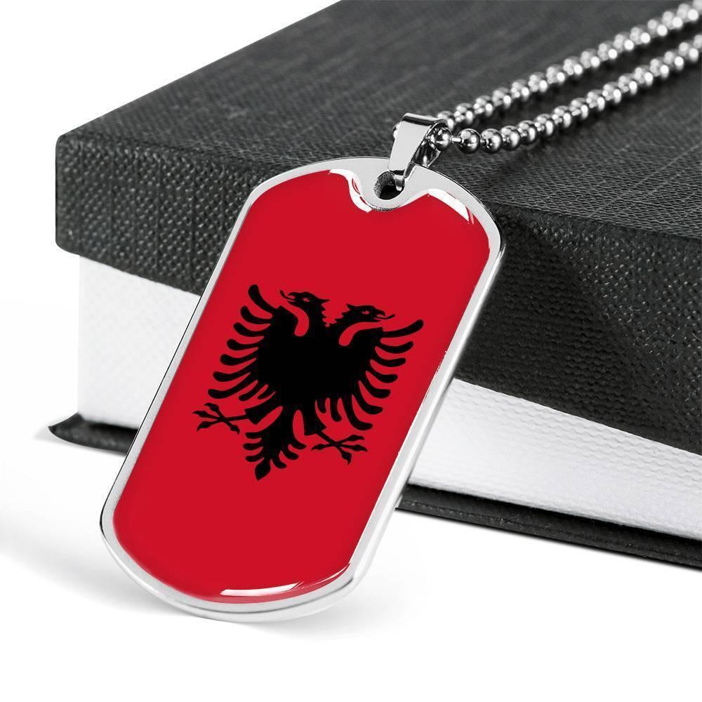 Albania Flag Necklace Stainless Steel or 18k Gold Dog Tag 24″