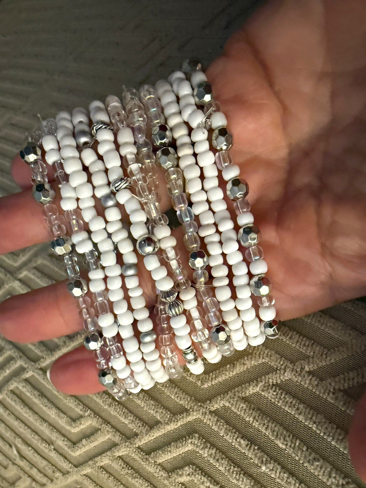 White Clear Silver Glass Plastic Beaded Stackable Stretch Wrap Bracelet Round