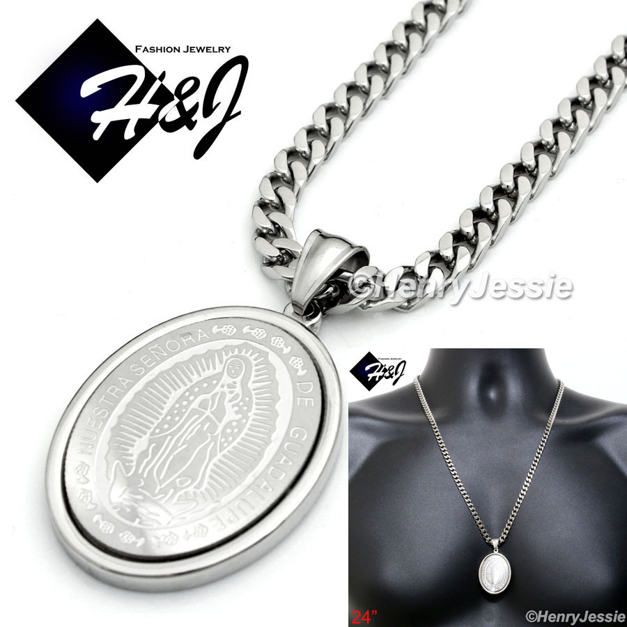 24″MEN Stainless Steel 5mm Silver Cuban Curb Necklace VIRGIN MARY Pendant*SP26