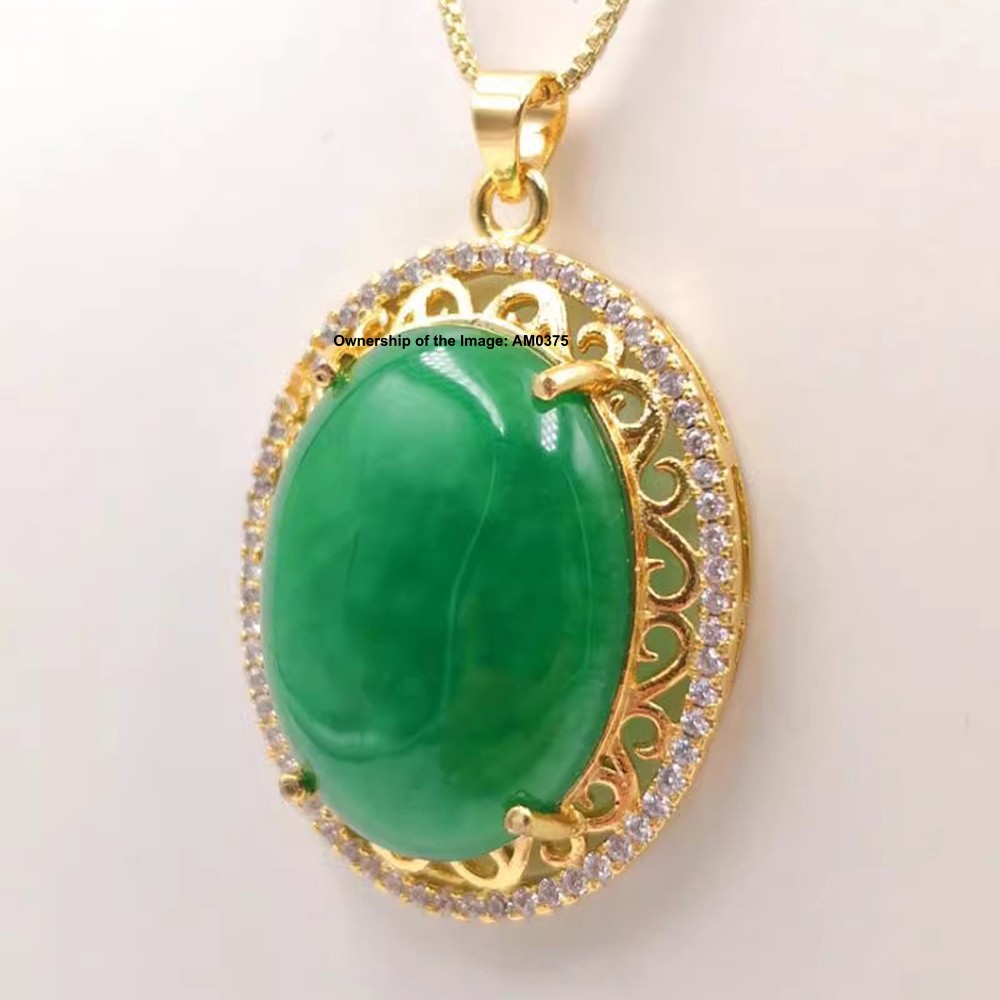 New Yellow Alloy Heating Jade Pendant Zircon and Green Oval Jade Pendant 37mm H