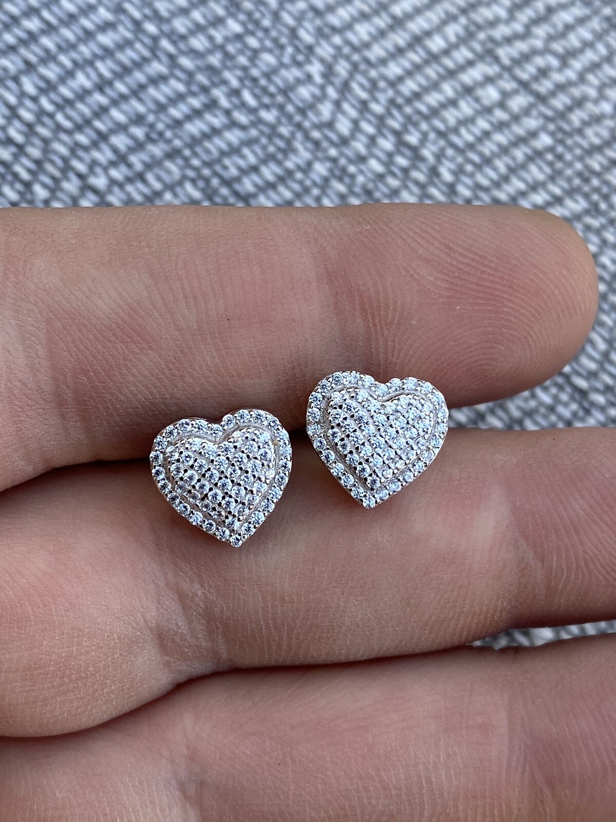 Solid 925 Sterling Silver Iced Heart Stud Earrings Simulated Diamonds Iced