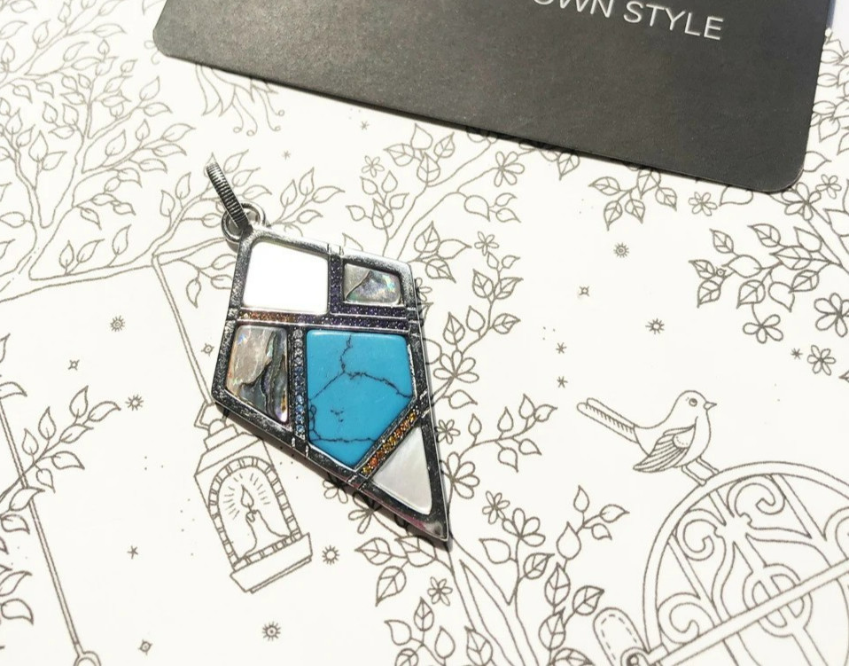 Ethnic Kite Turquoise CZ Pendant 925 Sterling Silver 2.1 Inches Long