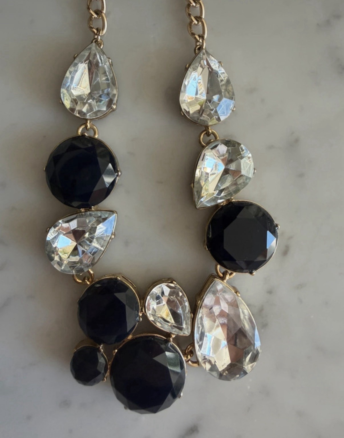 J.Crew Gold Tone Cable Chain Statement Necklace Clear/Navy Blue Crystal Teardrop