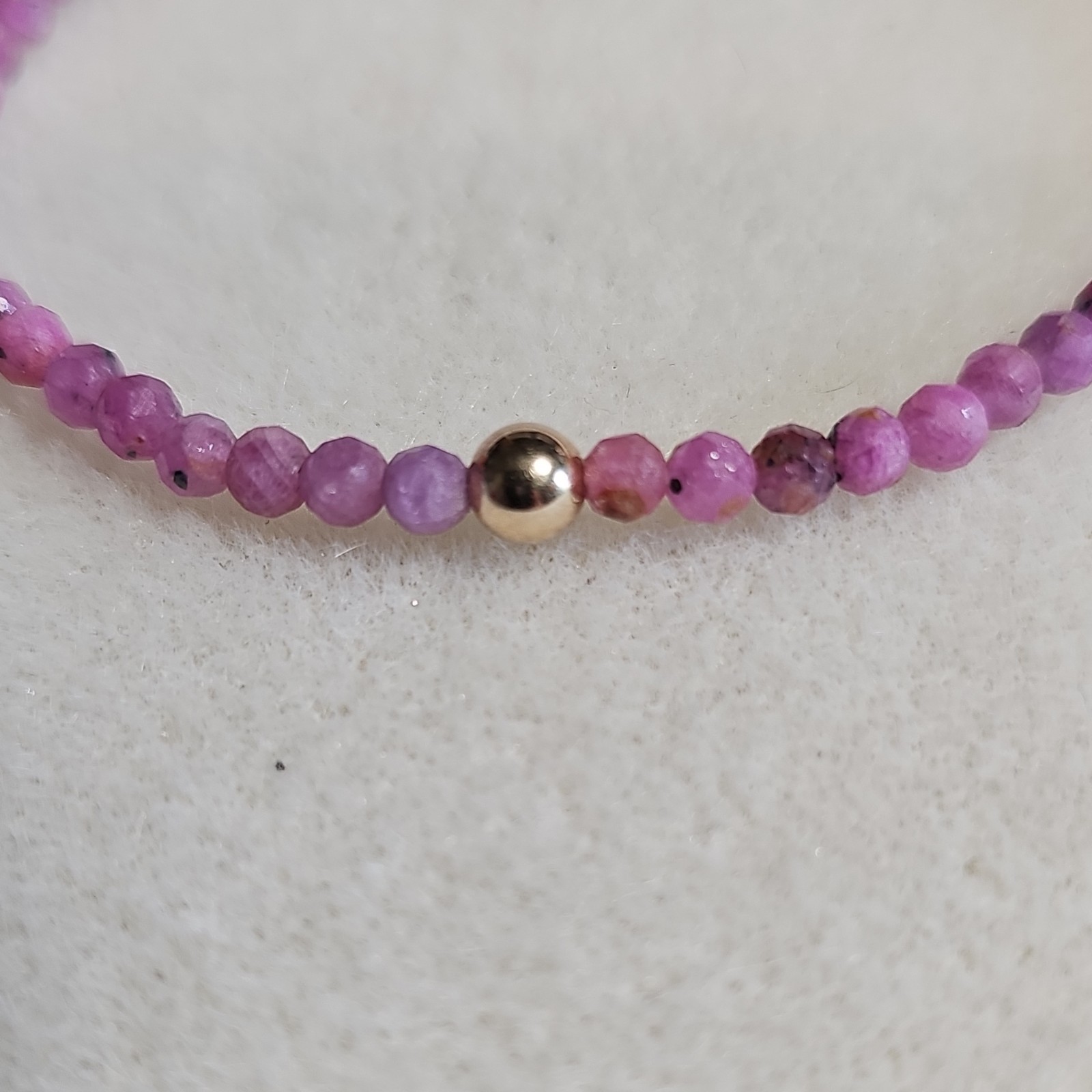 Faceted Ruby Beads Bracelet Round Beads with 10kt Gold Spacer Bead Stretchy