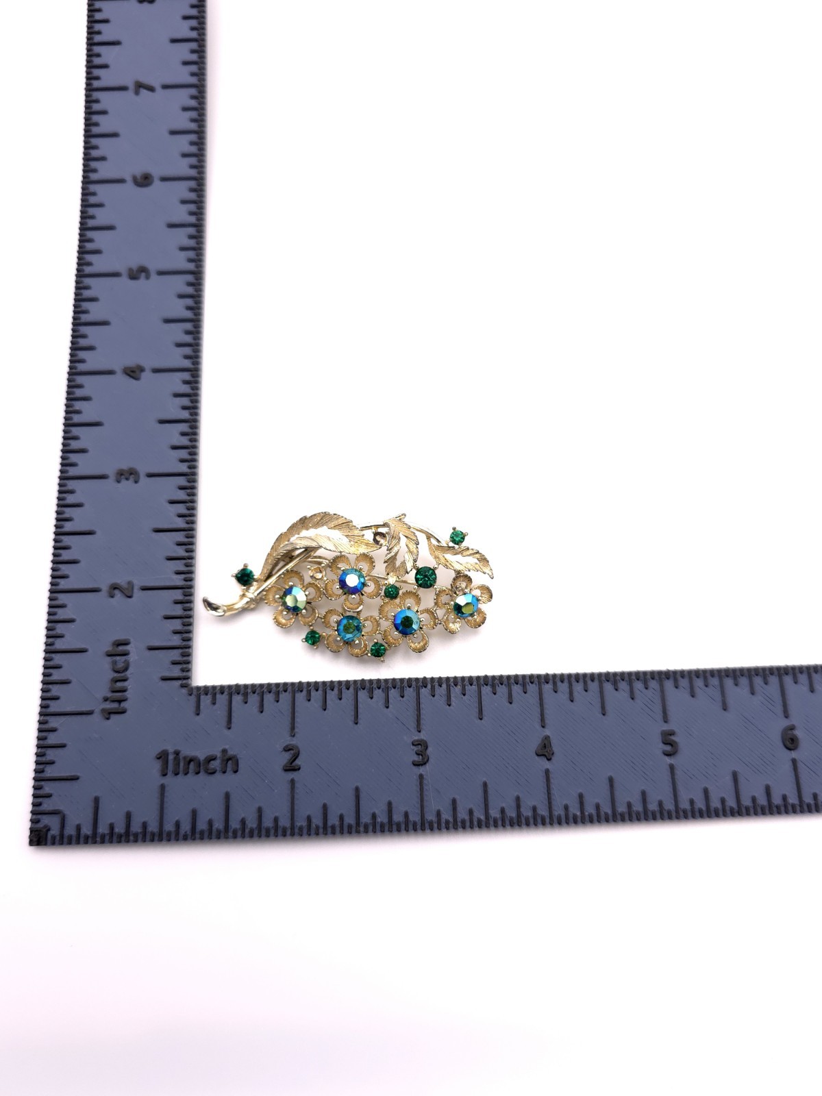 Vintage Lisner Gold Tone Leaf Rhinestone Brooch Blue & Green Aurora Borealis