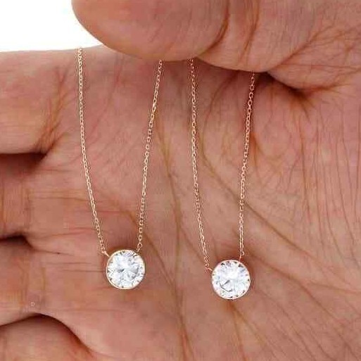 14k Gold 2CT Simulated Diamond Bezel Solitaire 16″-18″ Adj. Pendant Necklace