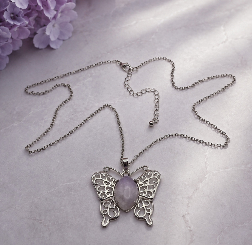 Purple Amethyst Cabochon Filigree Butterfly Pendant Necklace Silver Tone 27 In