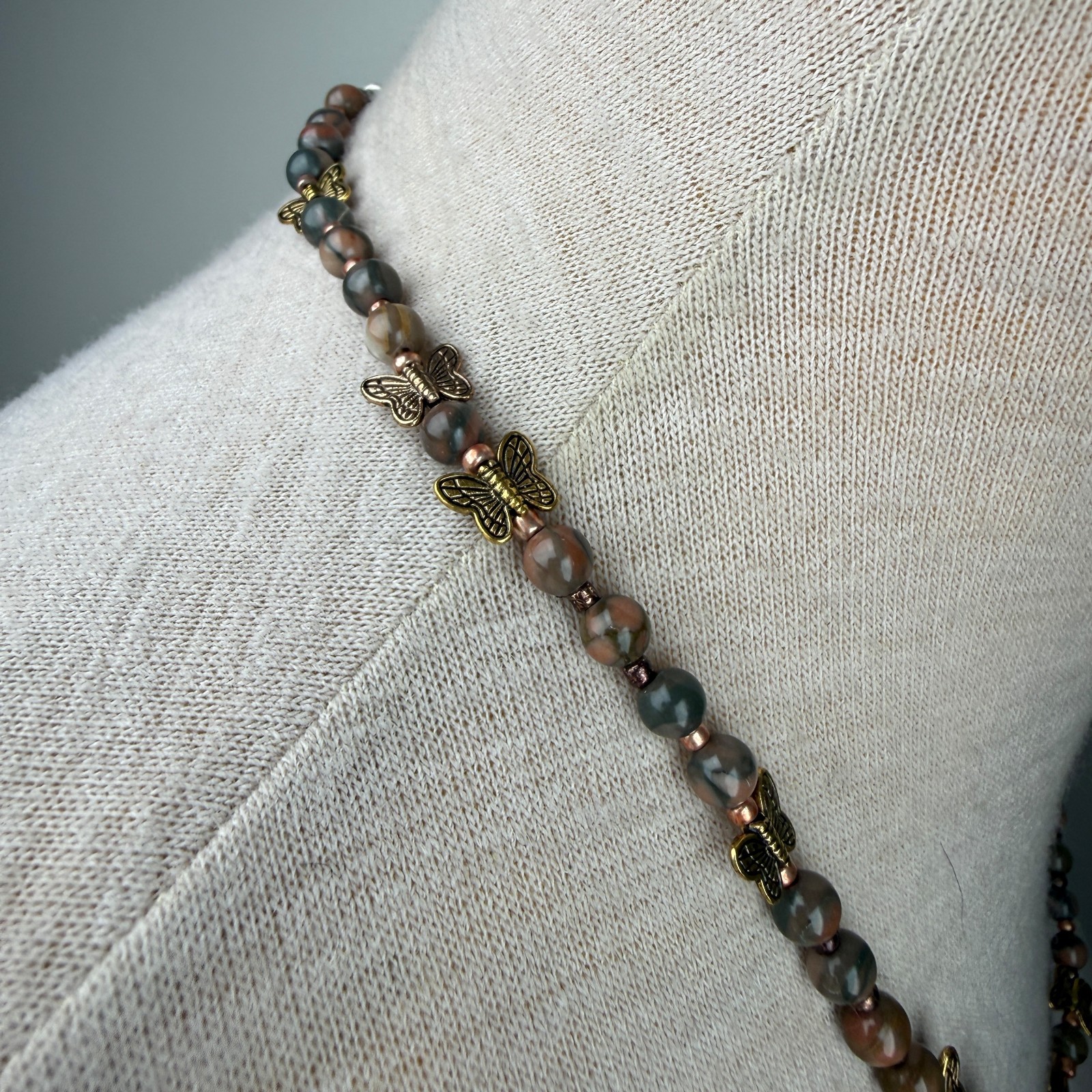Brown Stone with Copper Butterfly Spacer Beads Necklace 21″