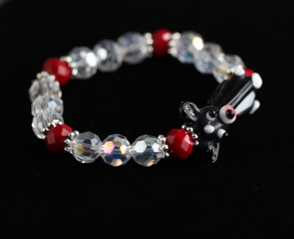 Dog Bracelet Black Lampwork 7″ inch Elastic Glass Beads Red Faceted Crystal