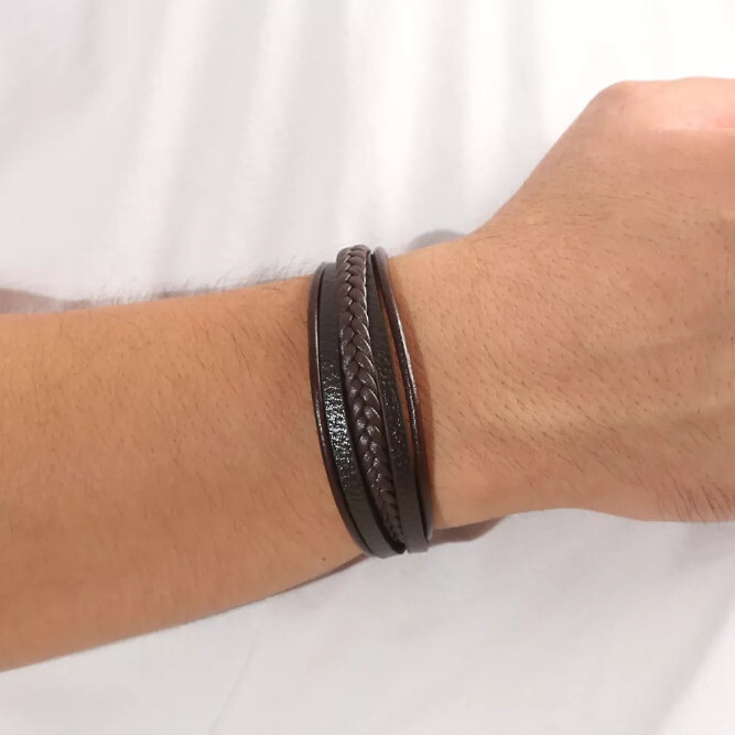 Stainless Leather Bracelet 8″ Unisex Brown Braided Magnetic Clasp Jewelry 21cm