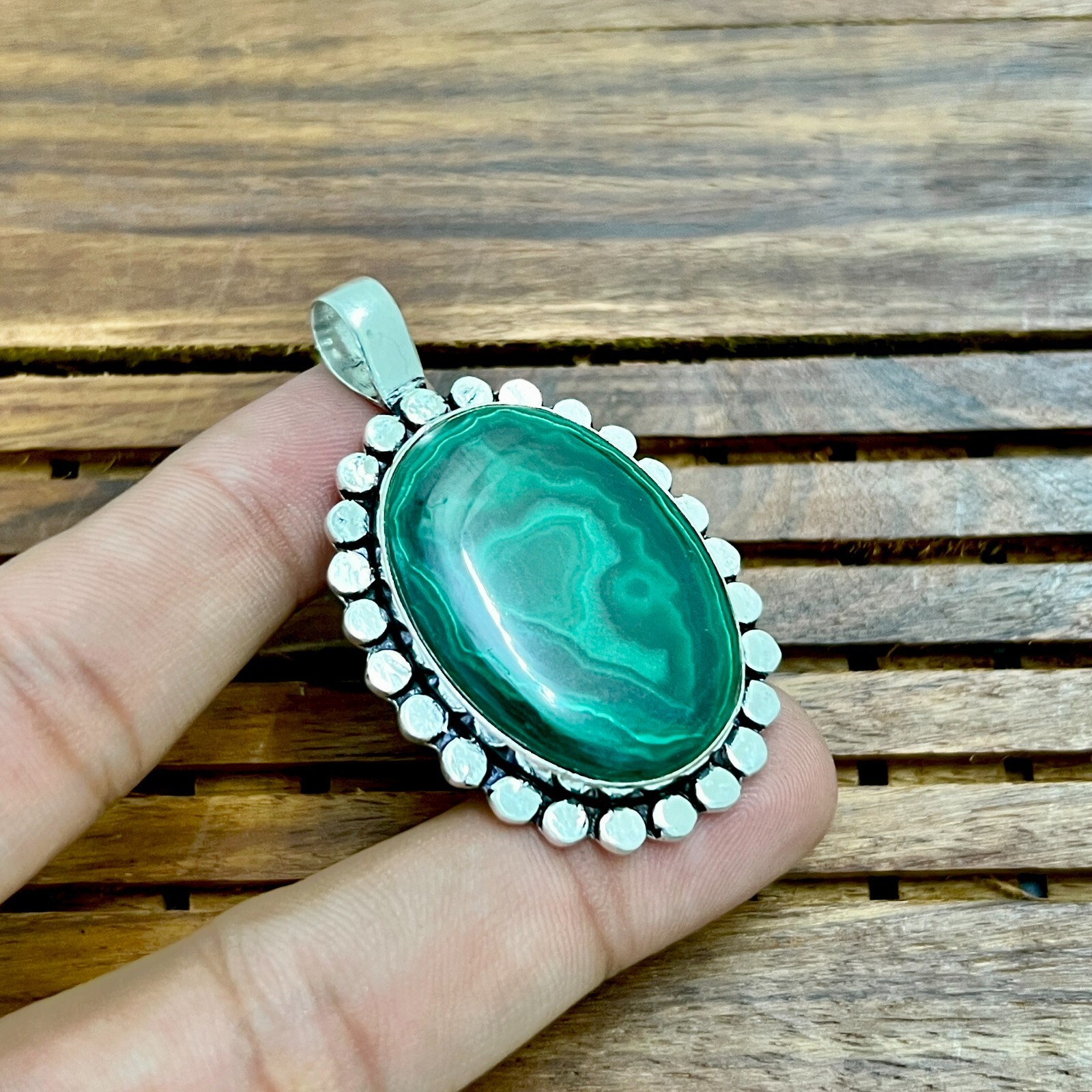 Malachite Natural Gemstone 925 Sterling Silver Handmade Jewelry Pendant 2.05″