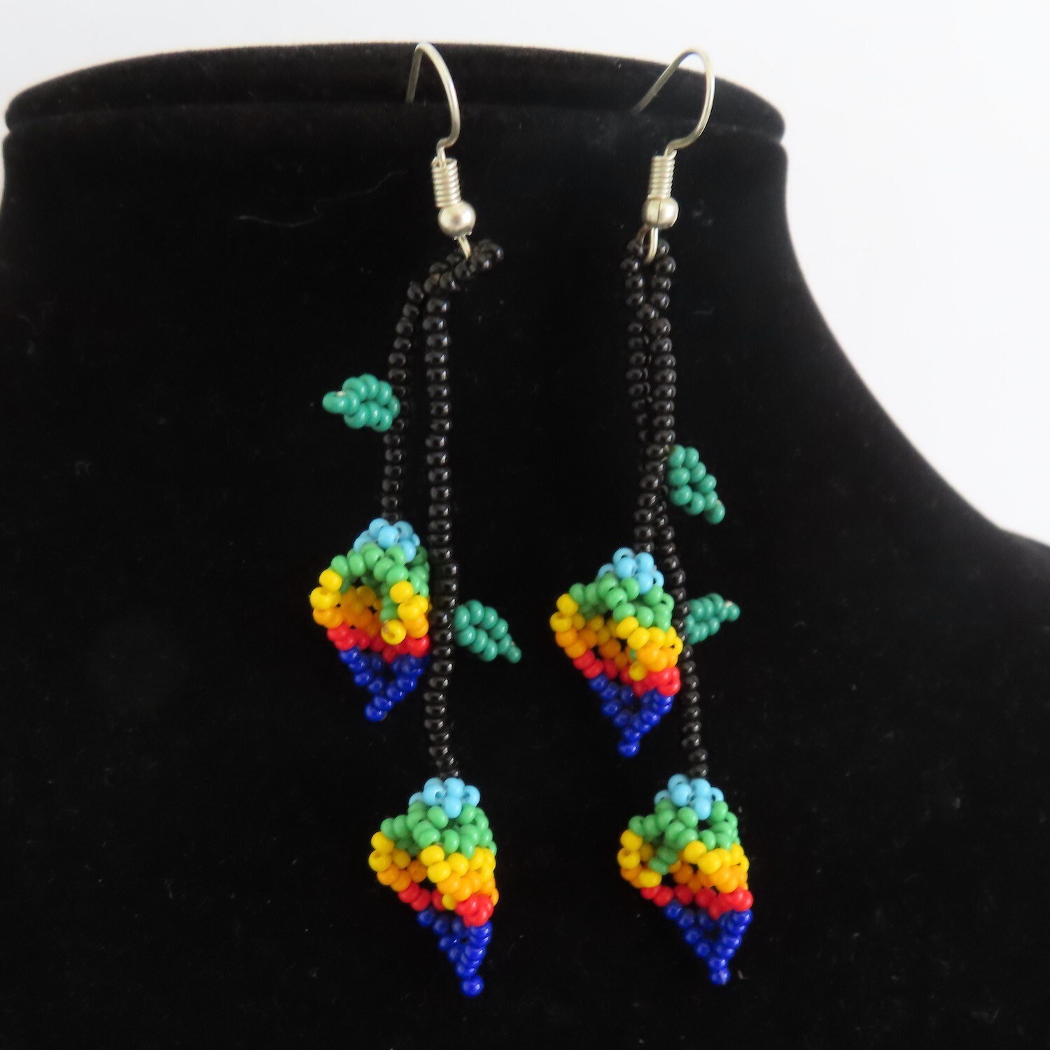 Tribal Earrings Blue Red Beaded Calla Lily Flower Huichol Ethnic Mexico Folk Art