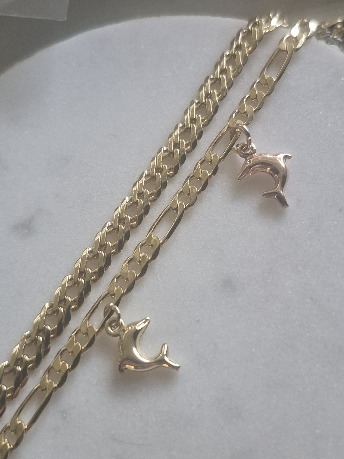 Set Of Two Gold Filled Anklets 9in And 10in Tri-color Dolphins Beachy