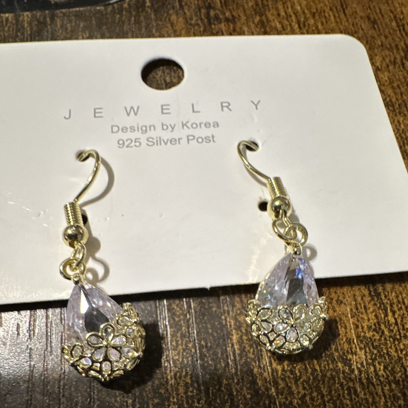 925 Silver Tone Dangle Drop Earrings Clear Teardrop Crystal Bezel Hook