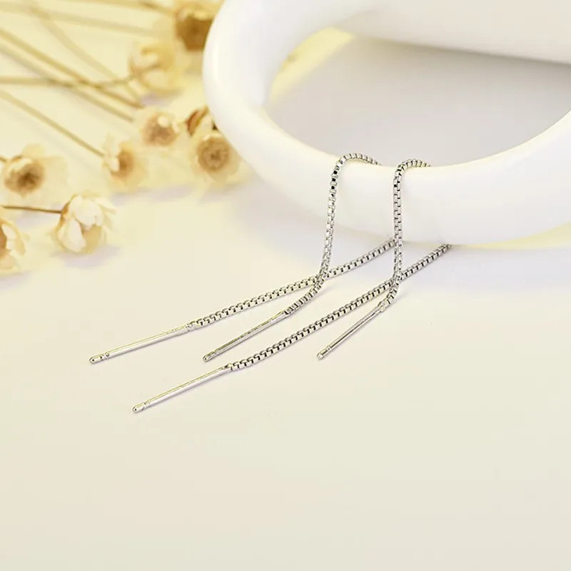 925 Sterling Silver Threader Earrings Long Chain Dangle Line Women Jewelry
