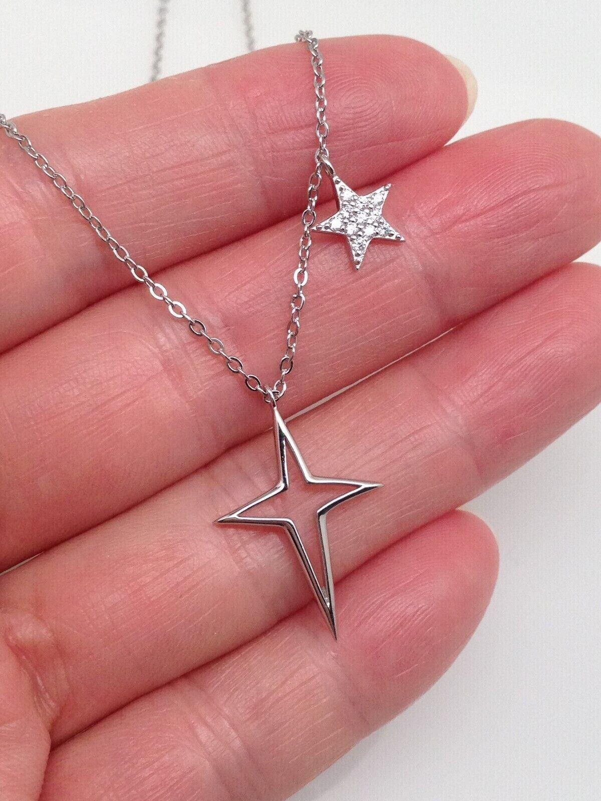 Star & North Star Pendant Necklace Sterling Silver 925 CZ Women 7mm/19mm(0.75″)