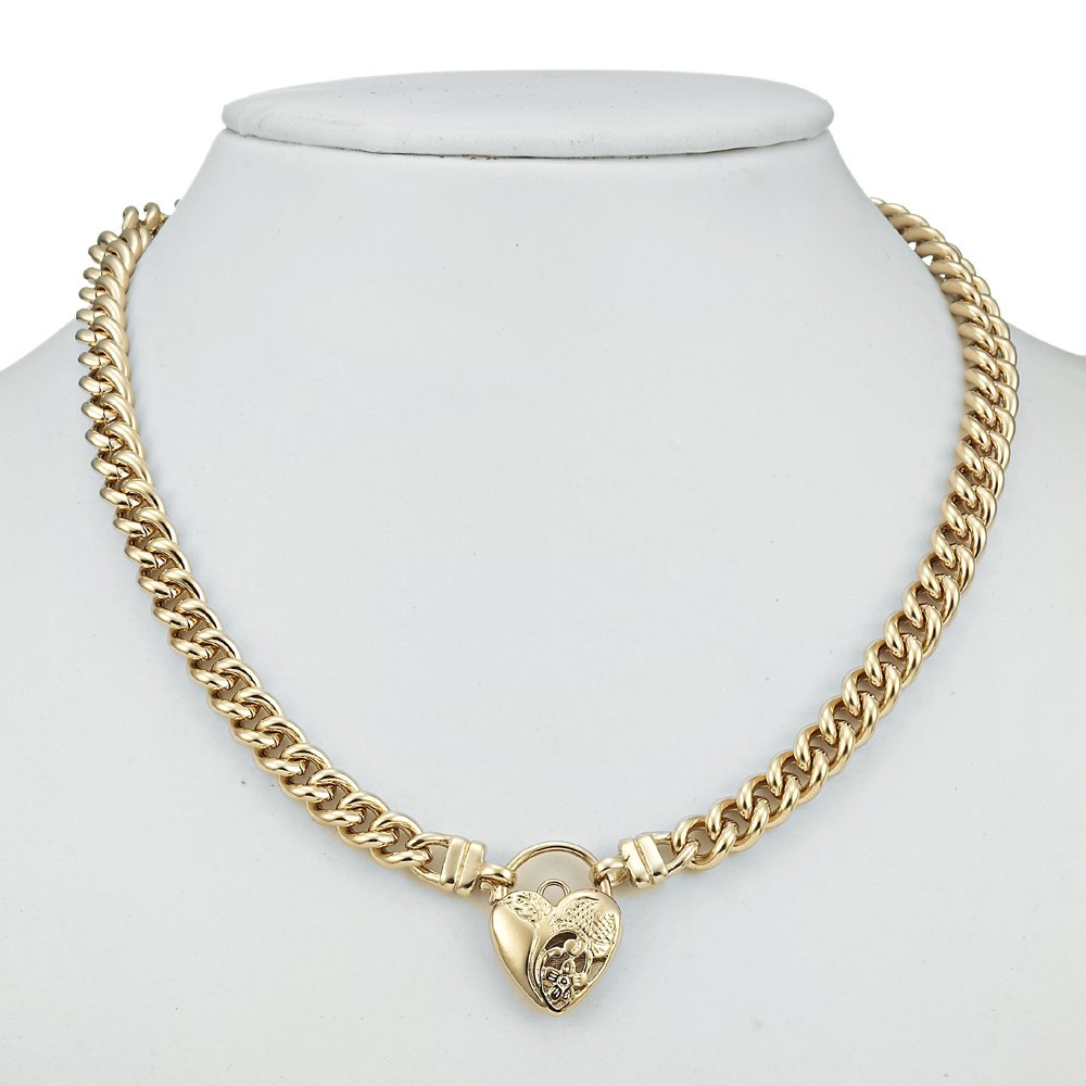 18K GL Solid Curb Chain Yellow Gold Necklace Half Filigree Heart Padlock