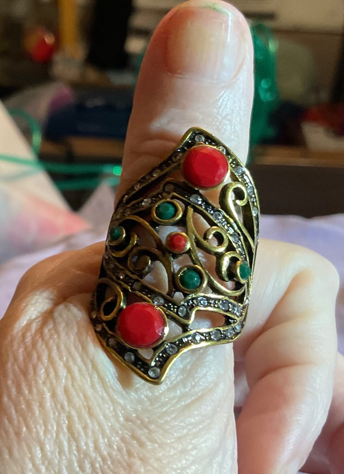 FILIGREE Art Deco Brass Cocktail Ring Size 9, NEPALI Open Work FREE SHIPPING
